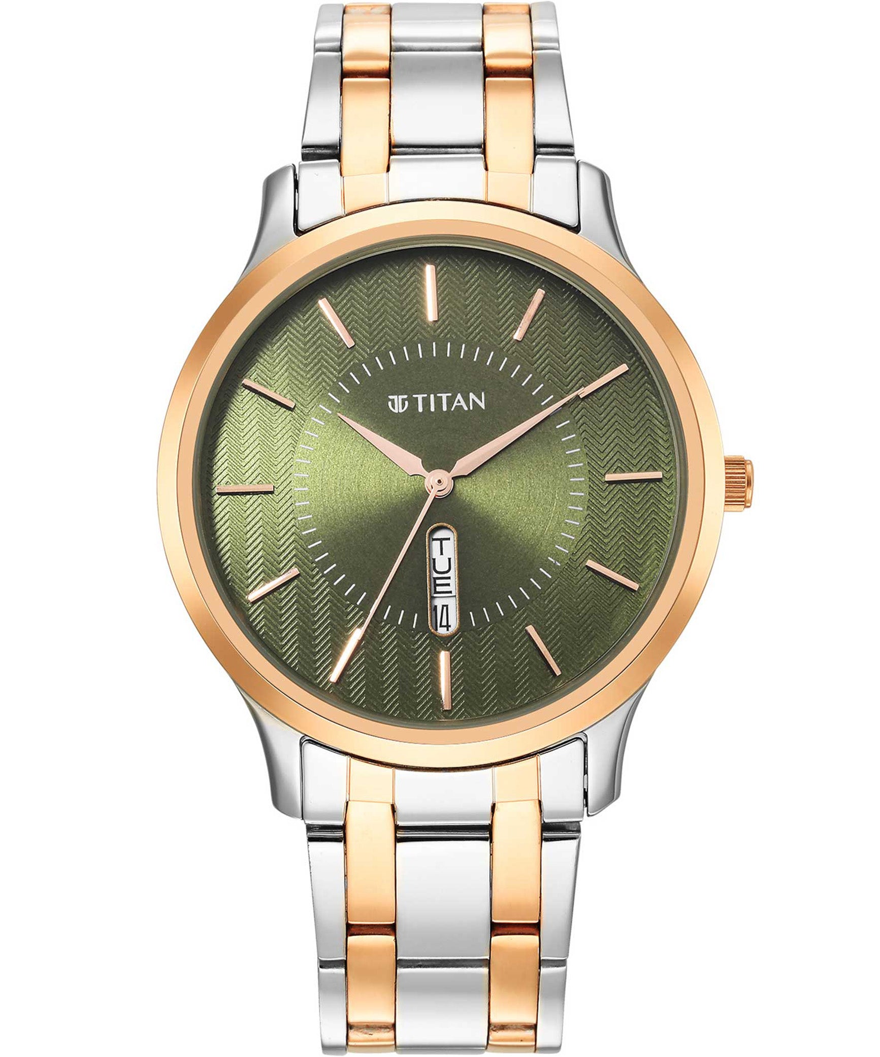 Titan Men's Watch Green Dial Silver & Gold Stainless Steel Strap Watch, 1825KM03