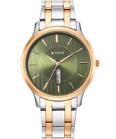 Titan Men's Watch Green Dial Silver & Gold Stainless Steel Strap Watch, 1825KM03