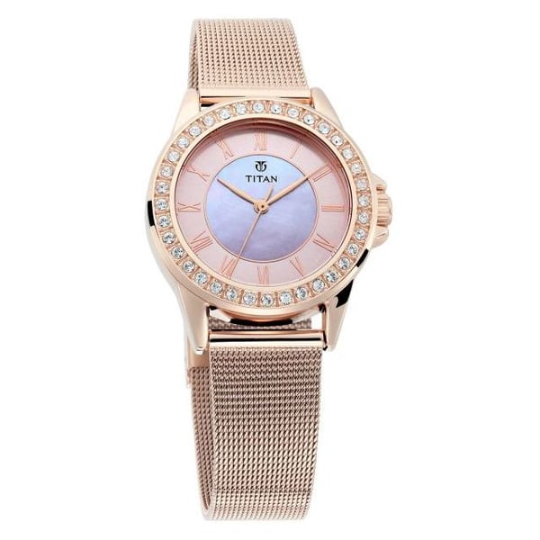 Titan Women's Watch Sparkle Collection Analog, Pink Dial Gold Stainless Strap, 9798WM04