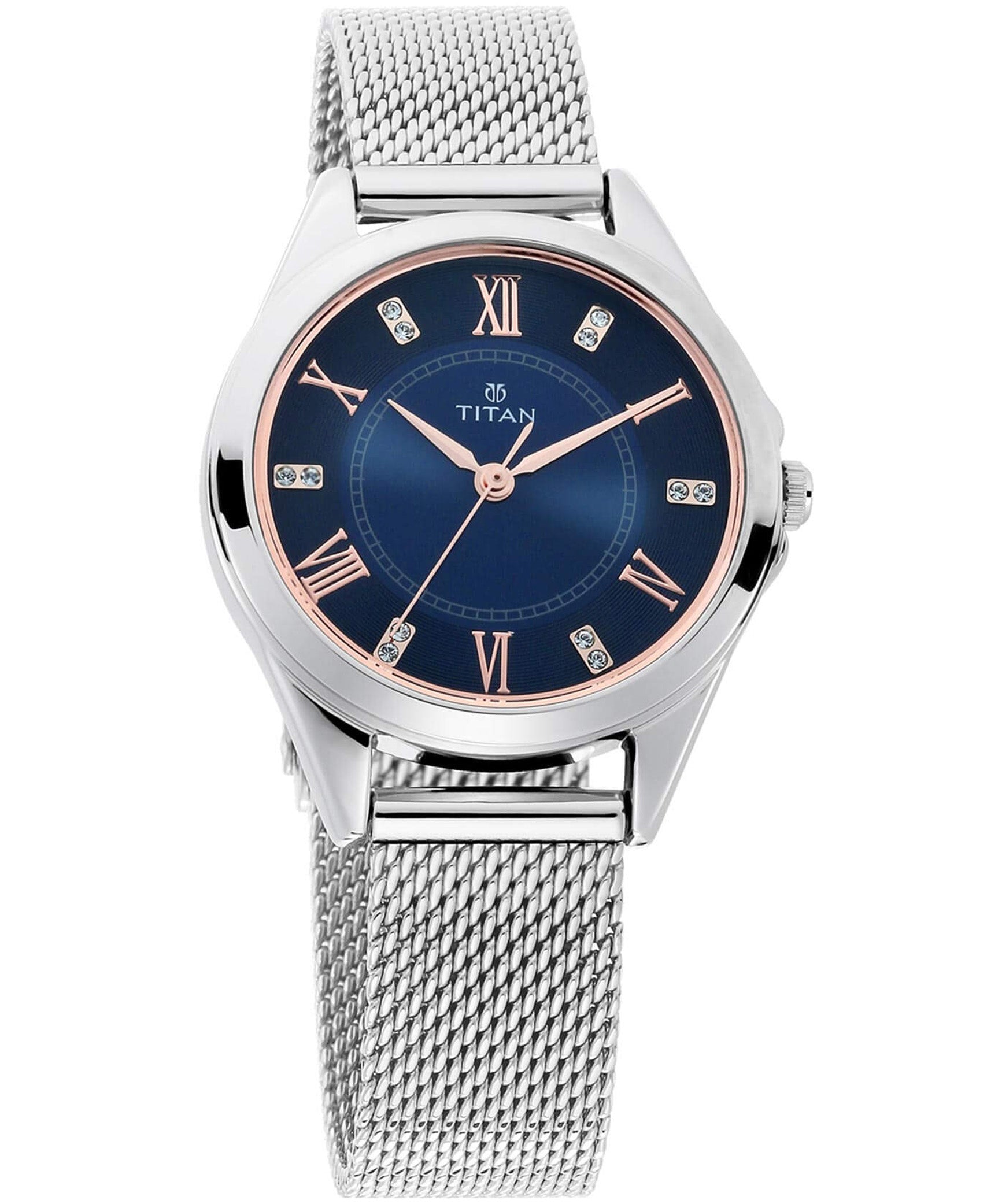 Titan Women's Watch Sparkle Collection Analog, Blue Dial Silver Stainless Strap, 2565SM02