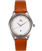 Titan Women's Watch Sparkle Collection Analog, White Dial Brown Leather Strap, 2570SL02