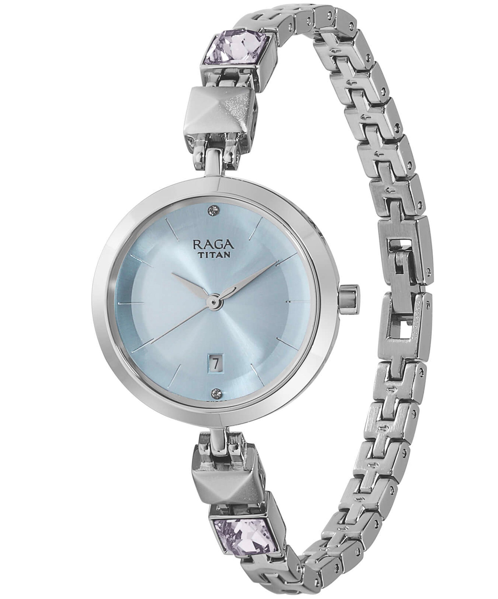 Titan Women's Watch Raga Collection Analog, Sky Blue Dial Silver Stainless Strap, 2606SM01