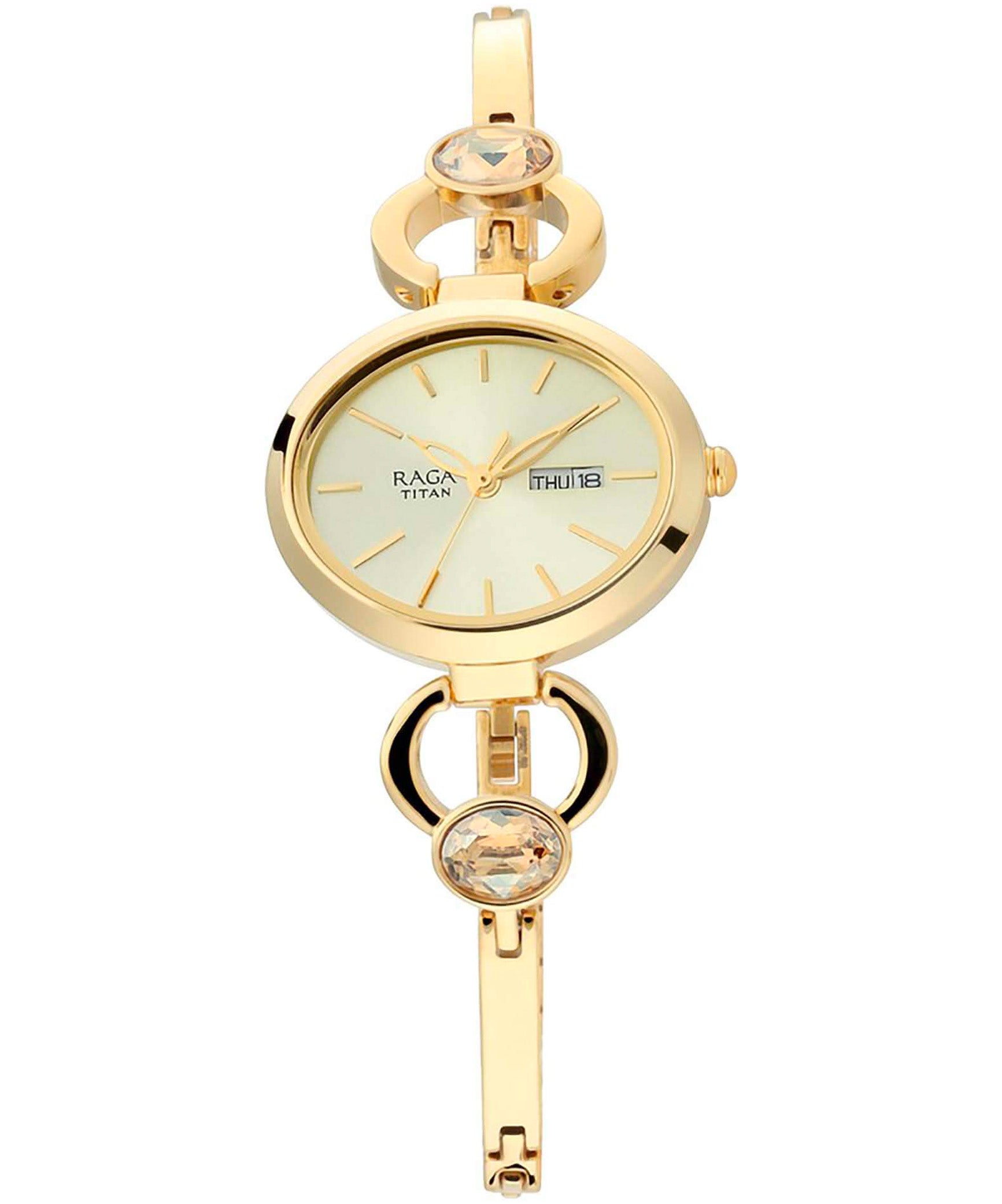 Titan Women's Watch Raga Collection Analog, Champagne Dial Gold Stainless Strap, 2621YM01