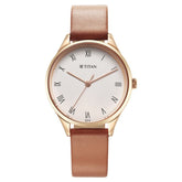 Titan Women's Watch White Dial Brown Leather Strap Watch, 2649WL04