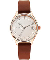 Titan Women's Watch White Dial Brown Leather Strap Watch, 2649WL01