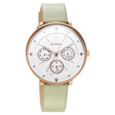 Titan Women's Watch White Dial Green Leather Strap Watch, 2651WL09