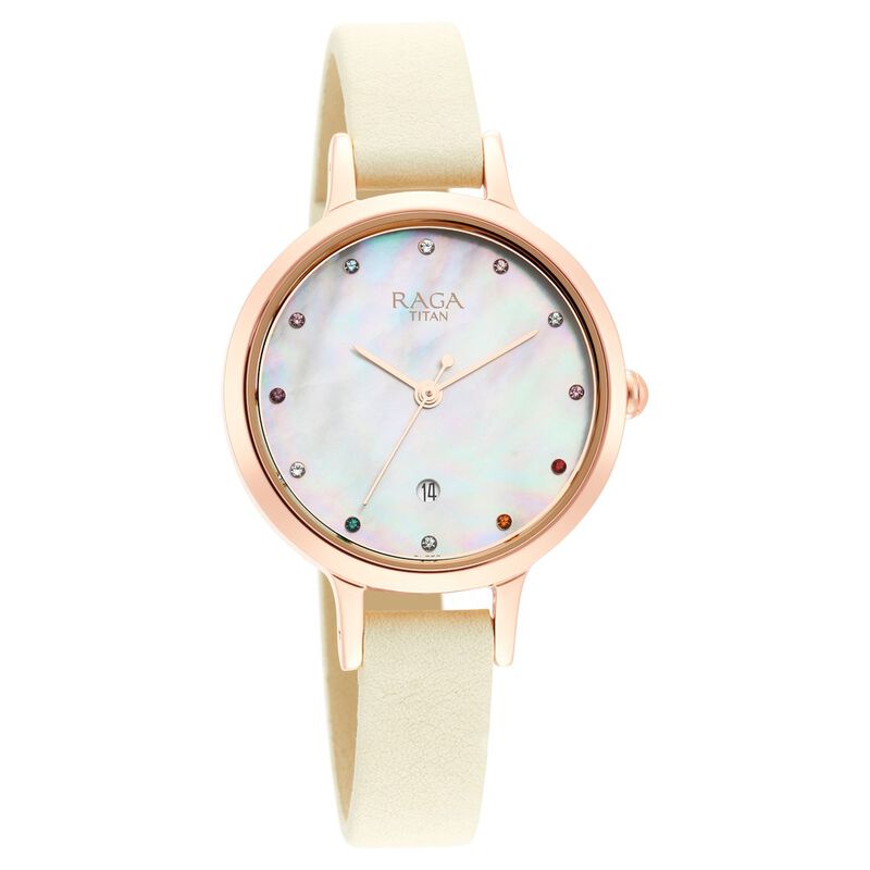 Titan Women's Watch Raga Mother of Pearl Dial Beige Leather Strap Watch, 2666WL03