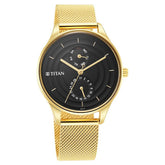 Titan Women's Watch Black Dial Gold Stainless Steel Strap Watch,2670YM02