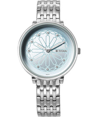 Titan Marhaba Collection Sky Blue Dial Silver Metal Strap Watch for Women, 2673SM03