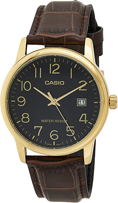 Casio Men's Watch Analog, Black Dial Brown Leather Strap, MTP-V002GL-1BUD