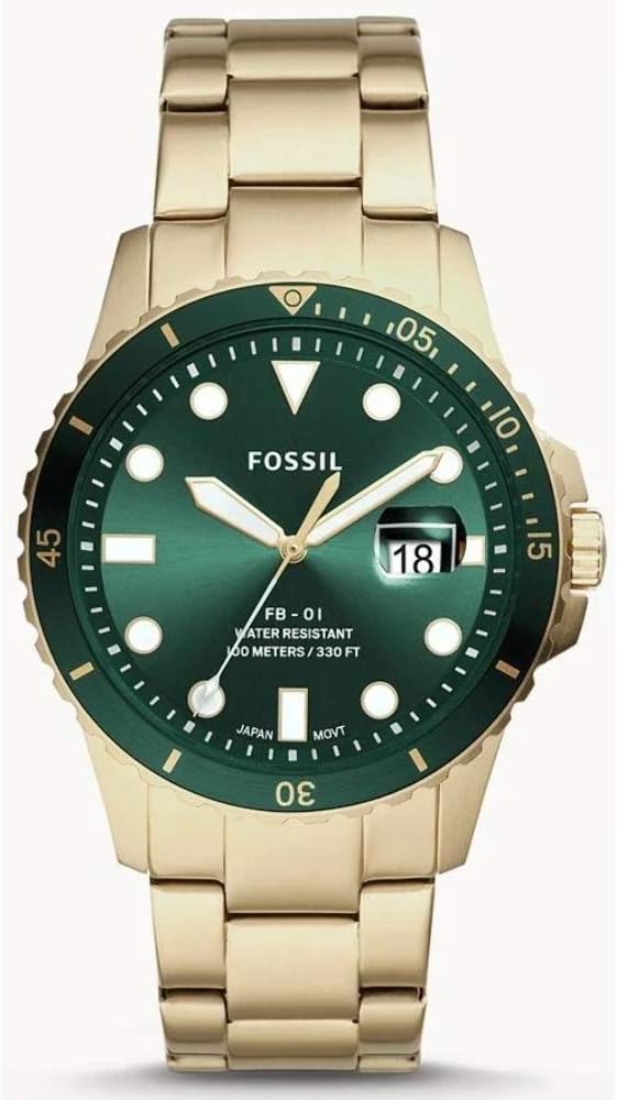 Fossil Men's Watch Analog, FB-01 Green Dial Golden Stainless Steel Band, FW-FS5658