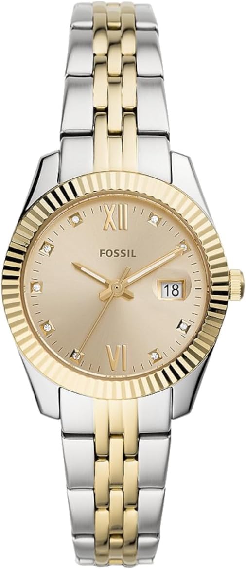 Fossil Women's Watch Analog, Scarlette Mini Gold Dial Silver & Gold Stainless Steel Band, FW-ES4949