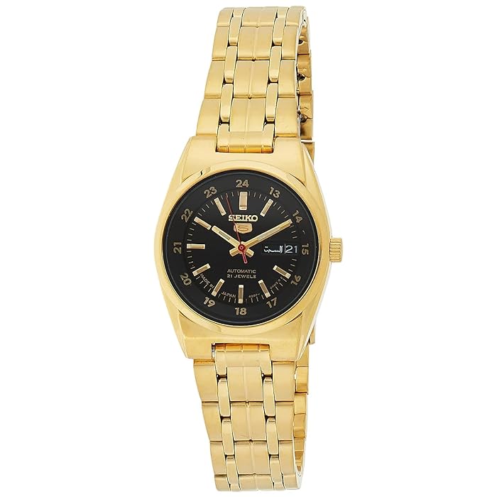 Seiko Women's Mechanical Watch Analog, Black Dial Gold Stainless Band, SYMC06J