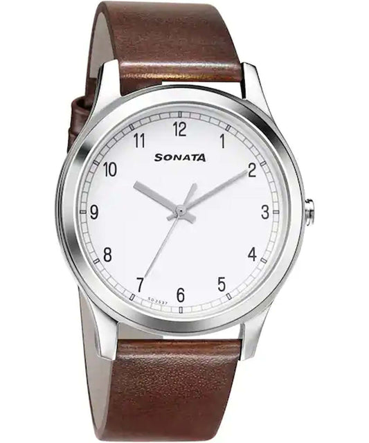 Sonata, Men, Analog, Watch, White Dial, Leather Strap, 7135SL03