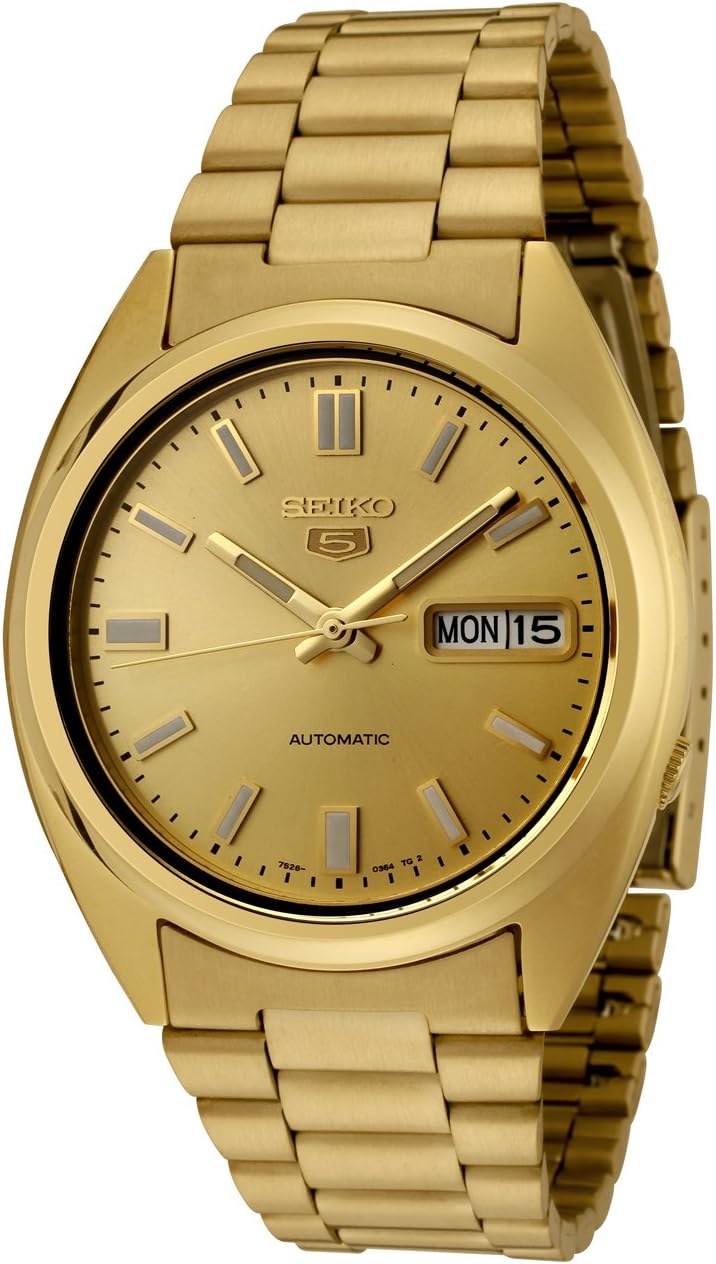 Seiko Men's Mechanical Watch, Automatic 21 Jewels Gold Dial Gold Stainless Band, SNXS80K