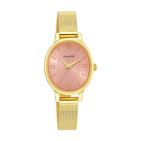 Classic Gold Women's Watch, Pink Dial Metal Strap, 8179YM02