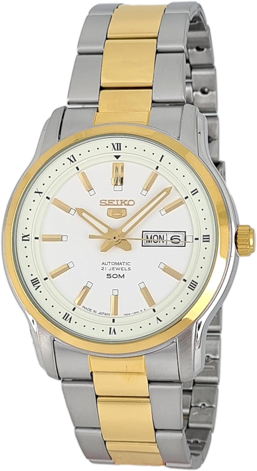 Seiko Men's Mechanical Watch Analog, White Dial Silver & Gold Stainless Band, SNKP14J authentic Seiko watch with original box and warranty papers