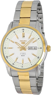 Seiko Men's Mechanical Watch Analog, White Dial Silver & Gold Stainless Band, SNKP14J