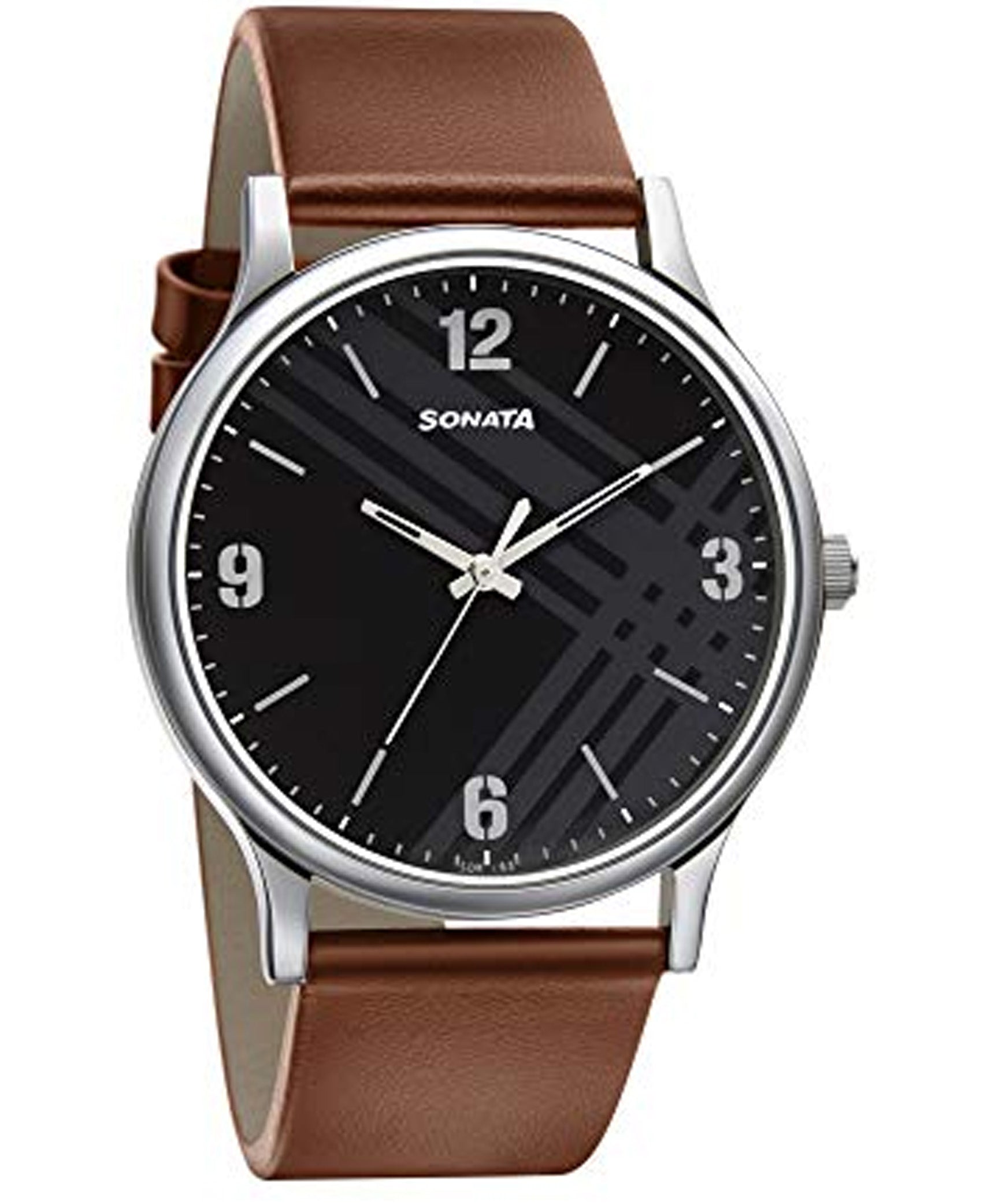 Sonata,77105SL02 Men's Smart Plaid In Black Dial Brown Leather Strap Watch