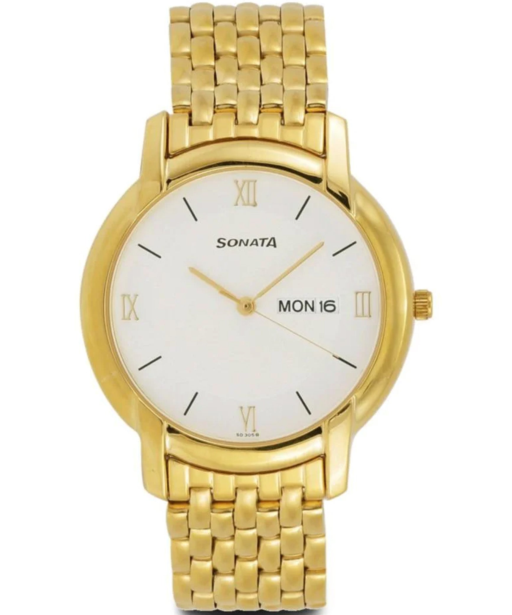 Sonata,7954YM01 Men's White Dial  Gold Stainless Steel Strap Watch