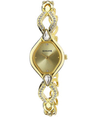 Sonata Women's Champagne Dial Golden Metal Strap Watch, 8063YM04