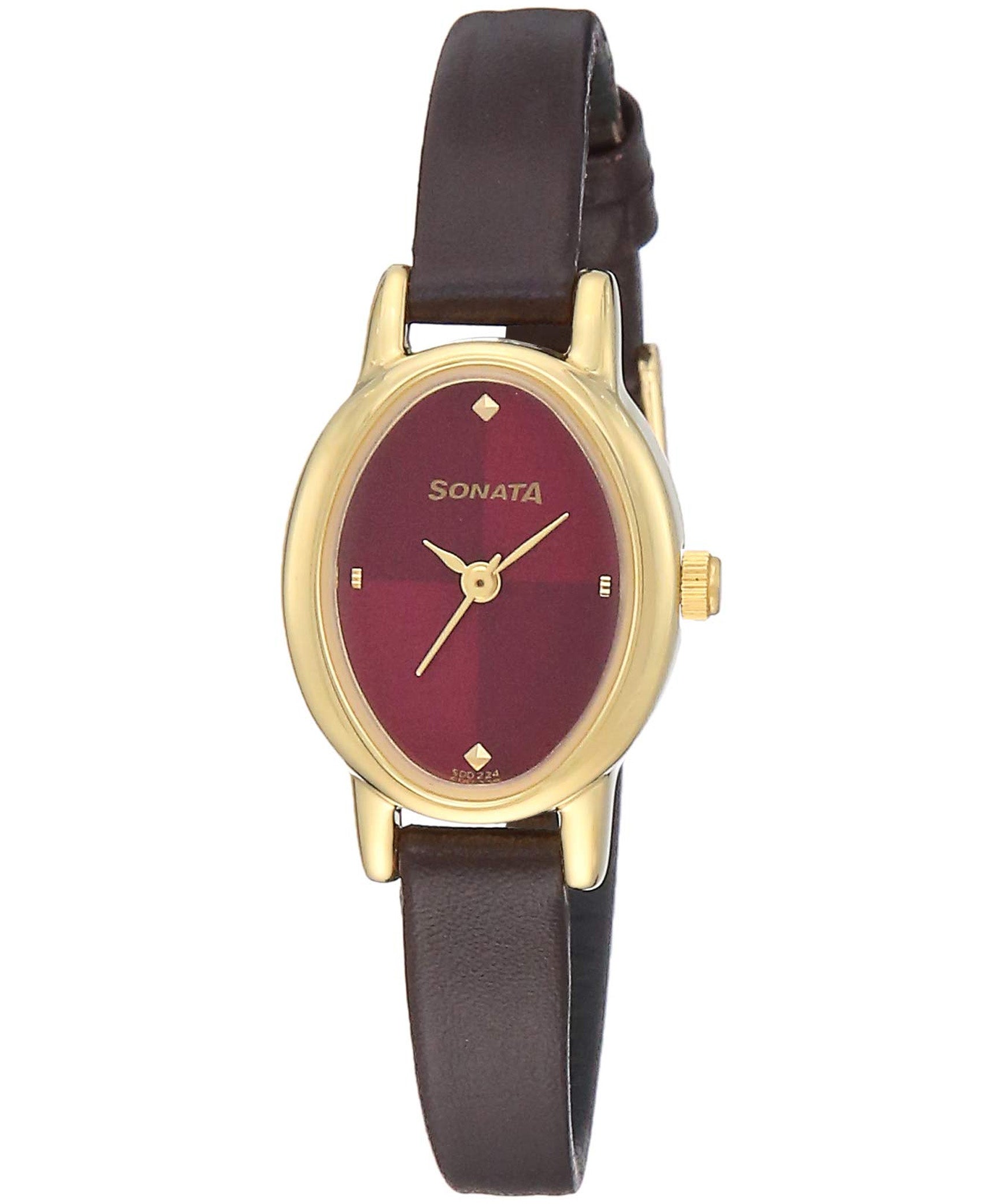 Sonata Women's Red Dial Brown Leather Strap Watch, 8100YL03