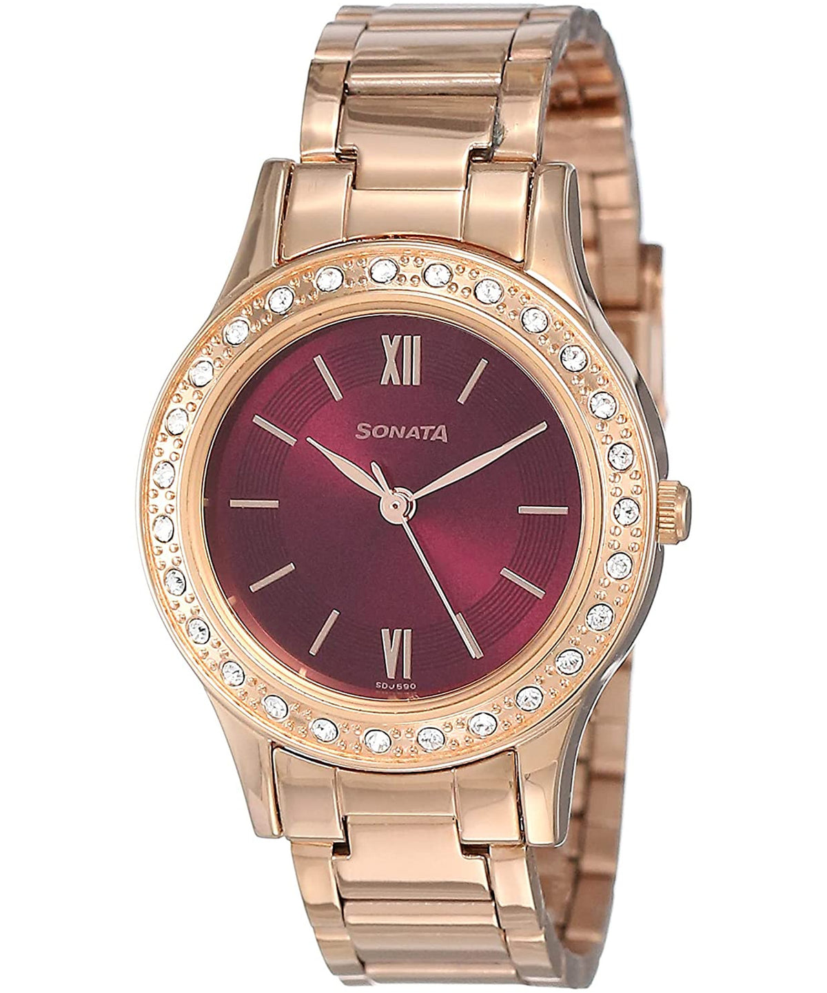 Sonata Women's Blush Maroon Dial Gold Stainless Steel Strap Watch, 8123WM02
