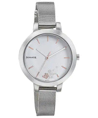 Sonata Women's White Dial Silver Lining Stainless Steel Strap Watch, 8141SM08