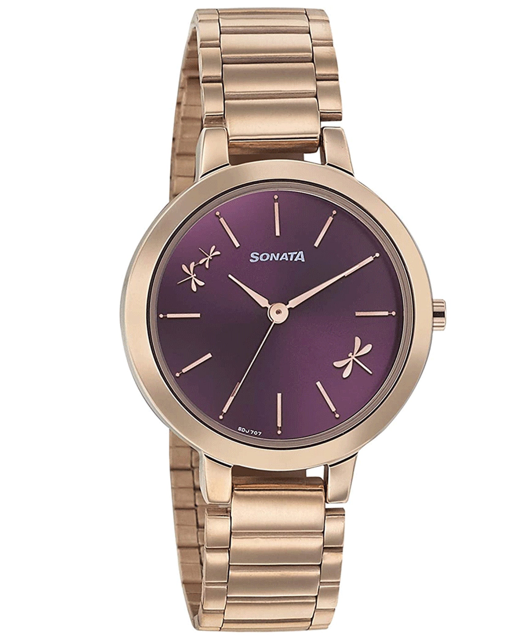 Sonata Women's Purple Dial Gold Stainless Steel Strap Watch, 8141WM02