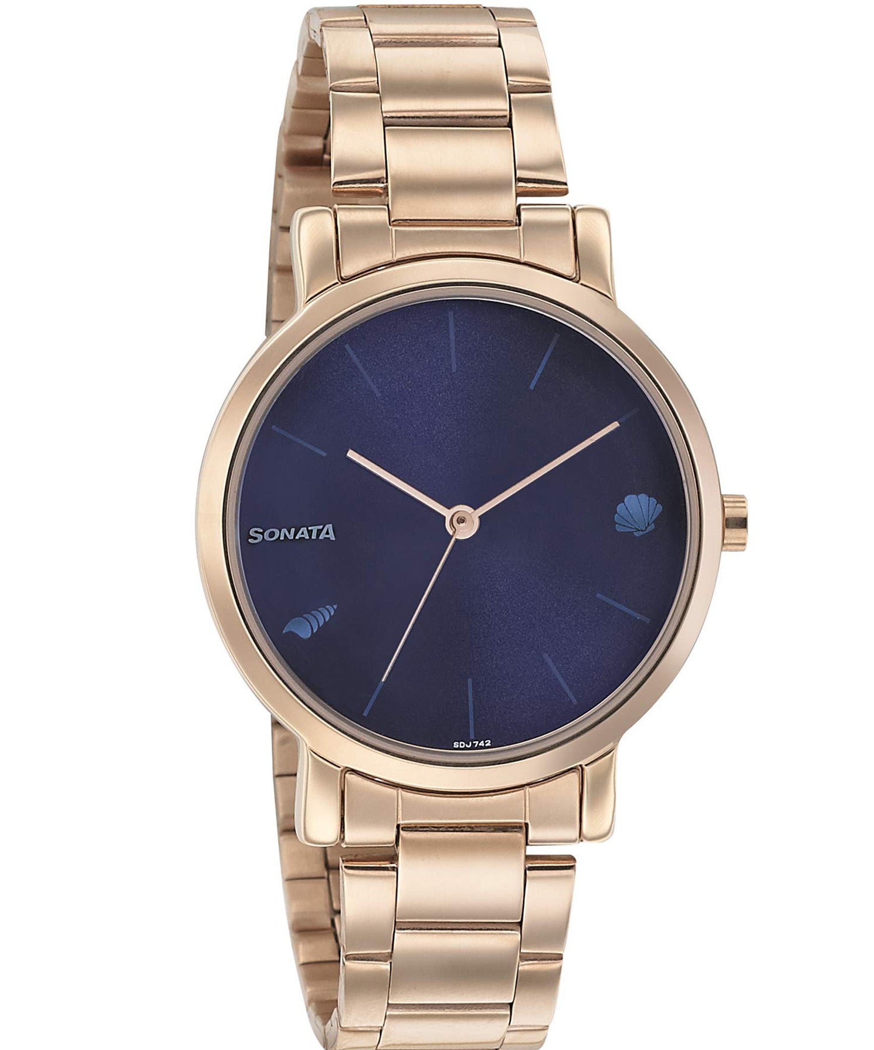 Sonata Women's Blue Dial Rose Gold Stainless Steel Strap Watch, 8164WM01