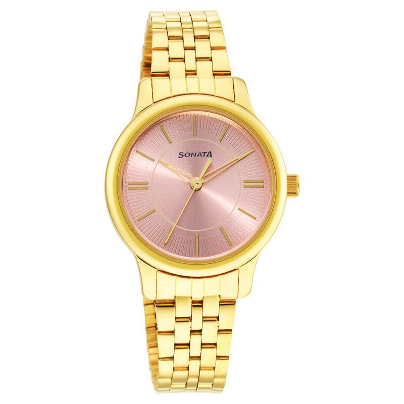 Sonata Classic Gold Women's Watch, Pink Dial Metal Strap, 8178YM02