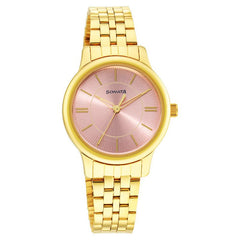 Sonata Classic Gold Women's Watch, Pink Dial Metal Strap, 8178YM02