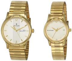 Titan Couple Watch Analog, Champagne Dial Gold Stainless Strap, 1580YM04P