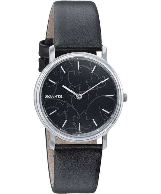 Sonata, Women, Analog, Watch, Black Dial, Leather Strap, 87029SL02