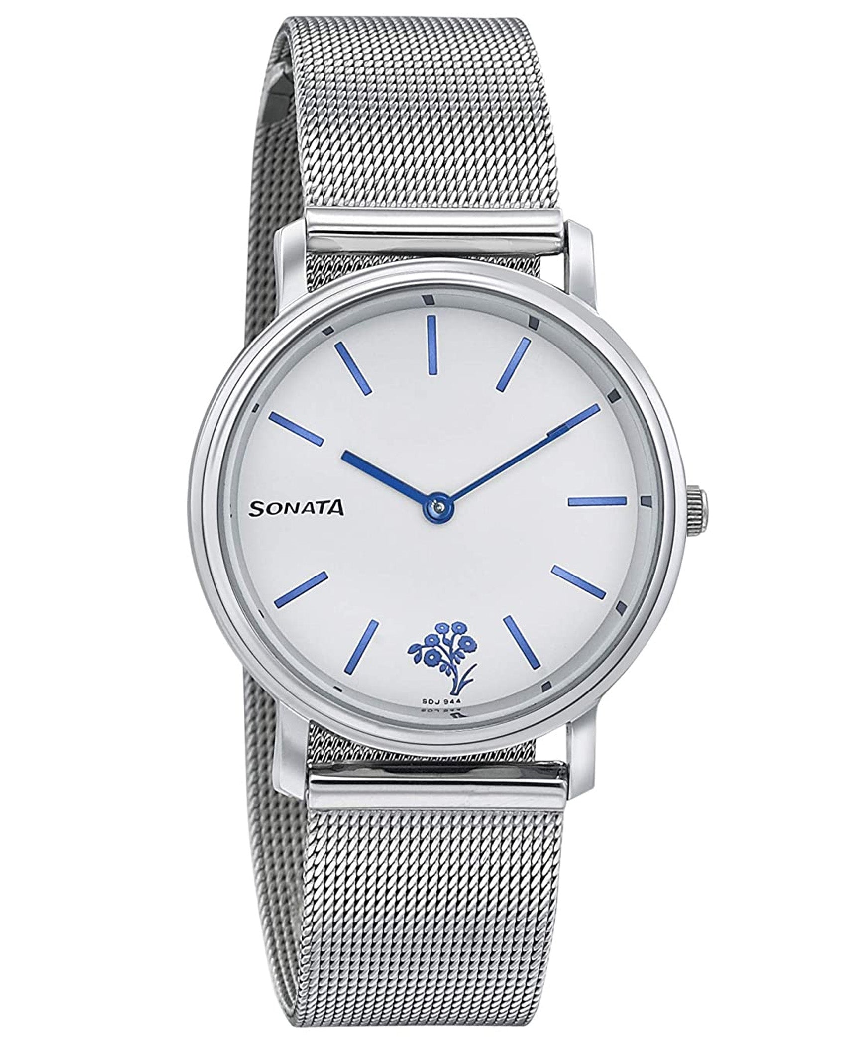 Sonata Women's White Dial Silver Stainless Steel Mesh Strap Watch, 87029SM01