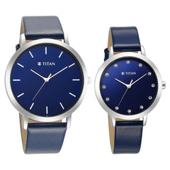 Titan Couple's Watch Blue Dial Blue Leather Strap, 9013SL01P