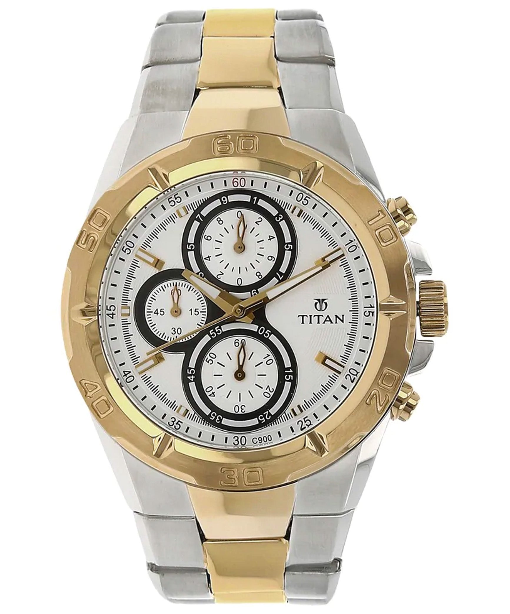 Titan Men's Watch Octane Collection Analog, White & Black Dial Silver & Gold Stainless Strap, 9308BM01
