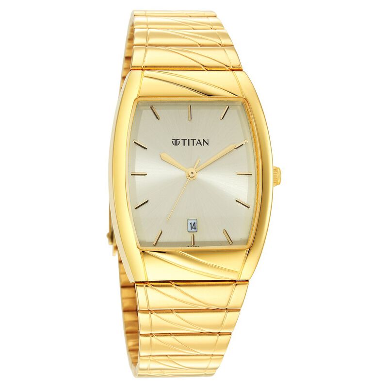 Titan Men's Watch Champagne Dial Gold Metal Strap Watch, 9315YM05