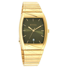 Titan Men's Watch Green Dial Gold Metal Strap Watch, 9315YM06