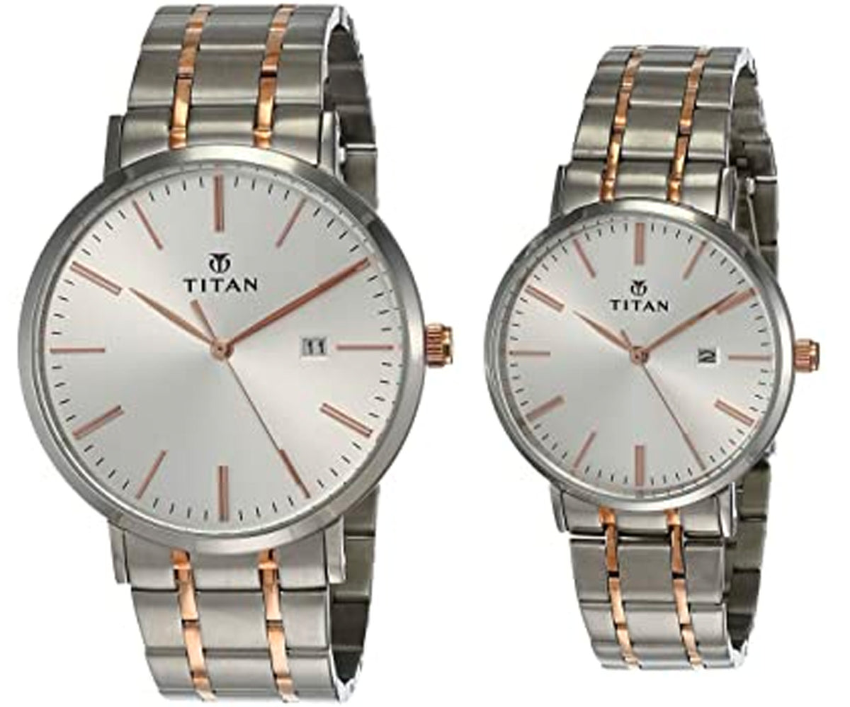 Titan Couple's Watch Classique Collection Analog, White Dial Silver & Gold Stainless Strap, 94002KM01P