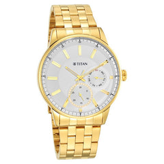 Titan Men's Watch White Dial Gold Metal Strap, 9441YM01