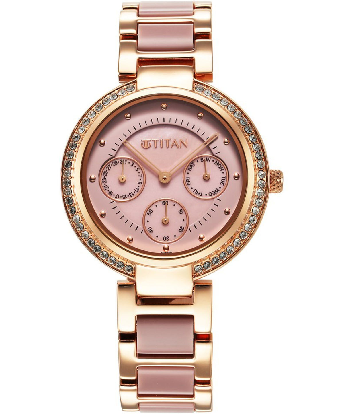 Titan Women's Watch Acetate Glam Collection, Mother of Pearl Dial Two Toned Brass Strap, 95187KD02