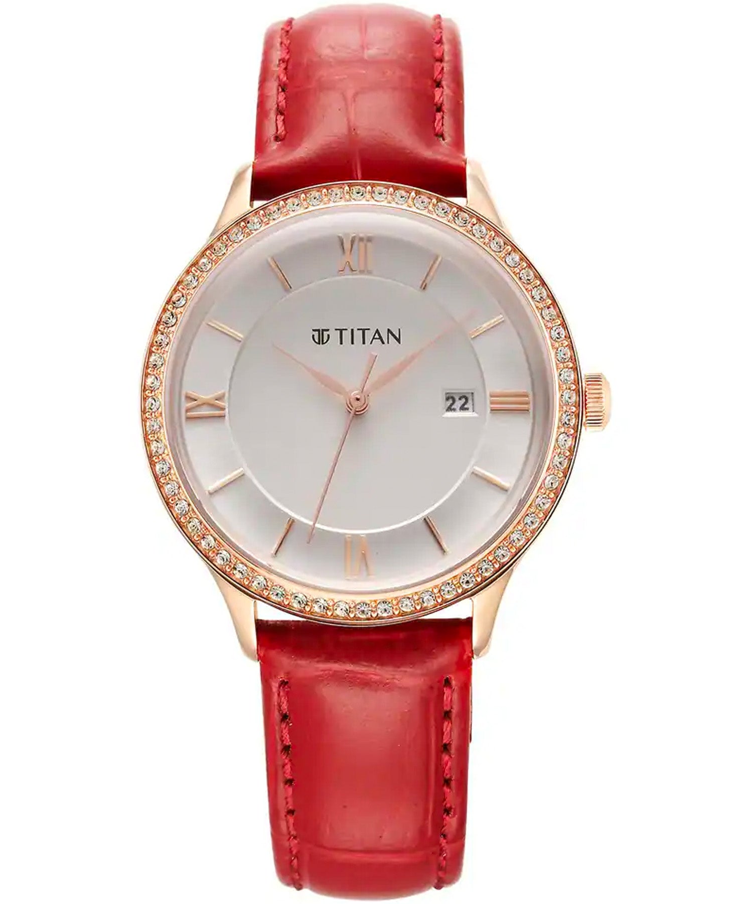 Titan Women's Watch Bright Leathers Collection, Silver Dial Red Leather Strap, 95247WL01