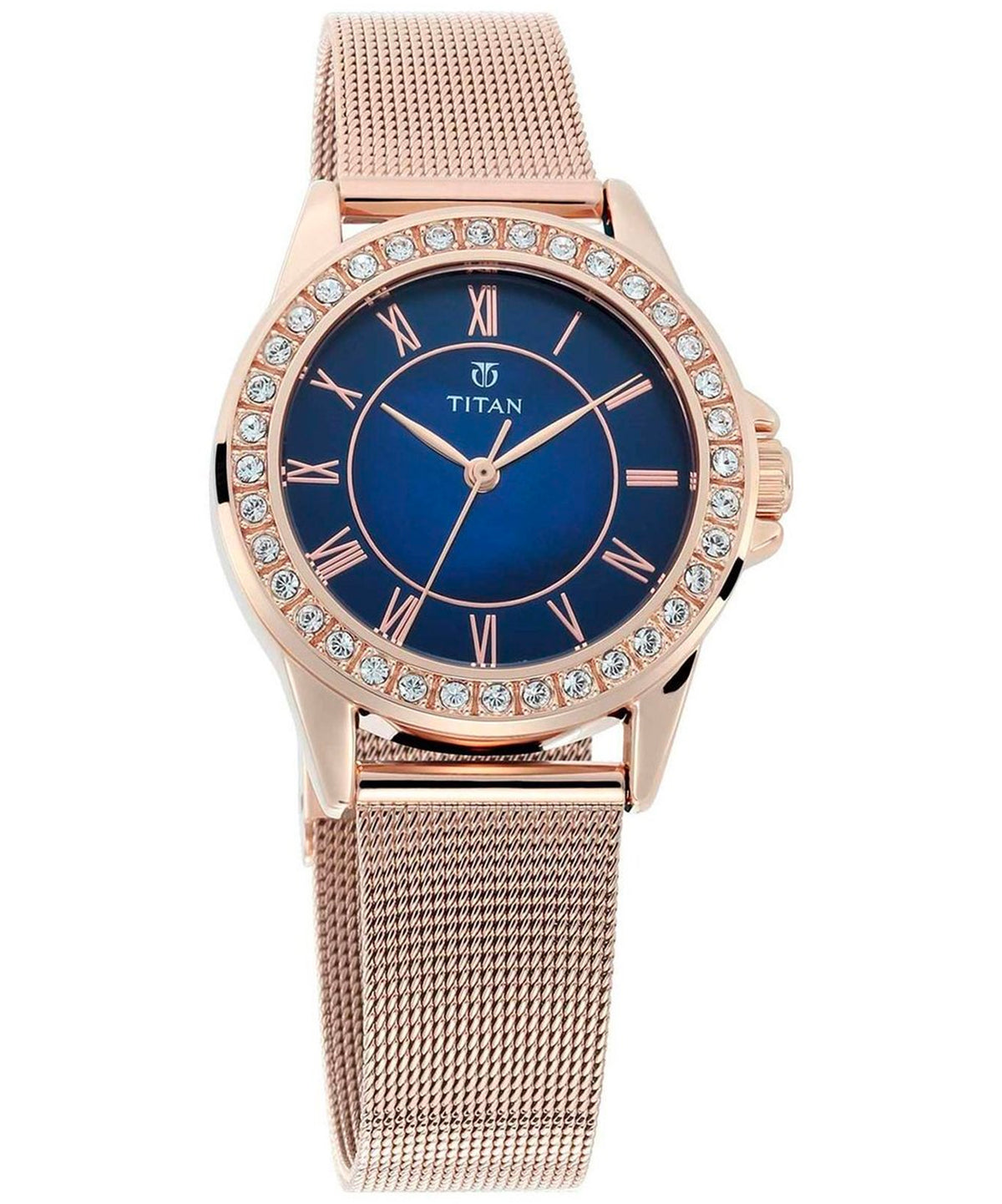 Titan Women's Watch Sparkle Collection Analog, Blue Dial Rose Gold Stainless Strap, 9798WM03