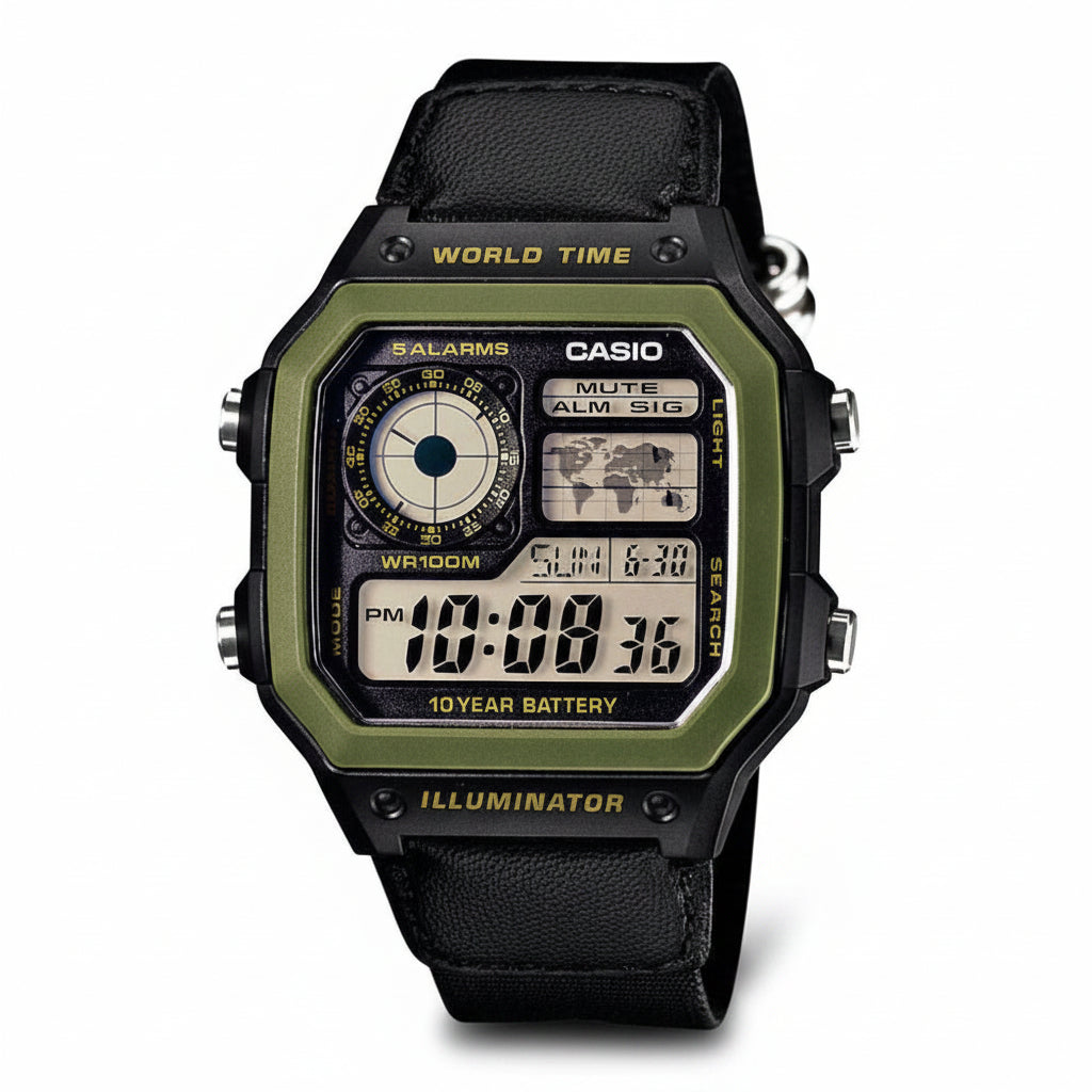 Casio men analog watch, black dial with comfortable strap, model CS-AE-1200WHB-1BVD, Bahrain