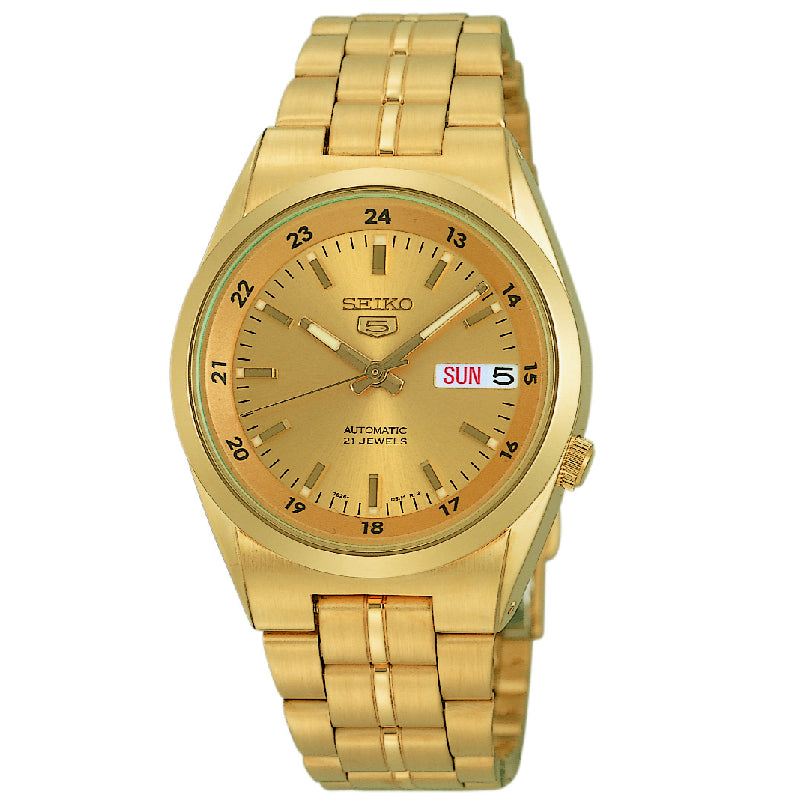 Seiko Men's Mechanical Watch Analog, Gold Dial Gold Stainless Band, SNK574J