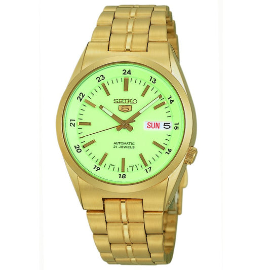 Seiko Men's Mechanical Watch Analog, Green-Luminous Dial Gold Stainless Band, SNK578J authentic Seiko watch with original box and warranty papers