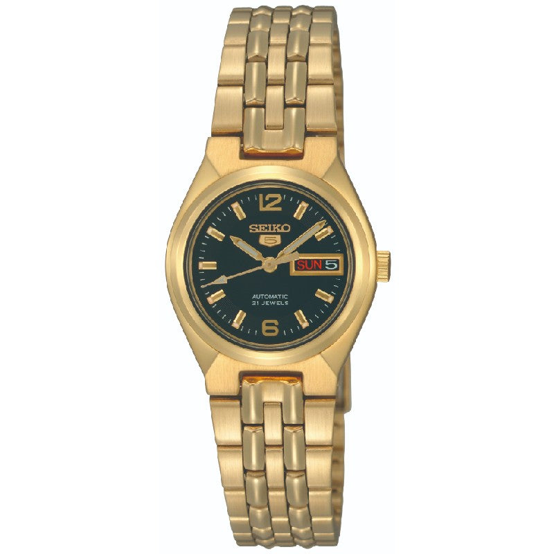 Seiko Women's Mechanical Watch Analog, Black Dial Gold Stainless Band, SYMK38K