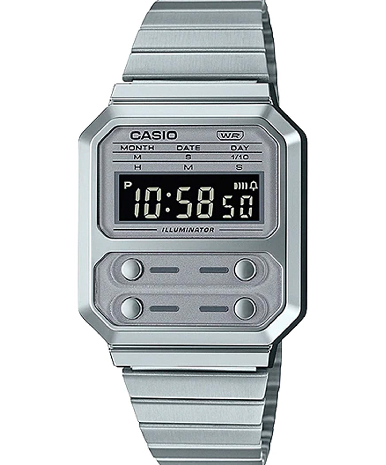 Casio Unisex Watch Vintage Collection Digital Display , Grey Stainless Steel Strap, A100WE-7BDF