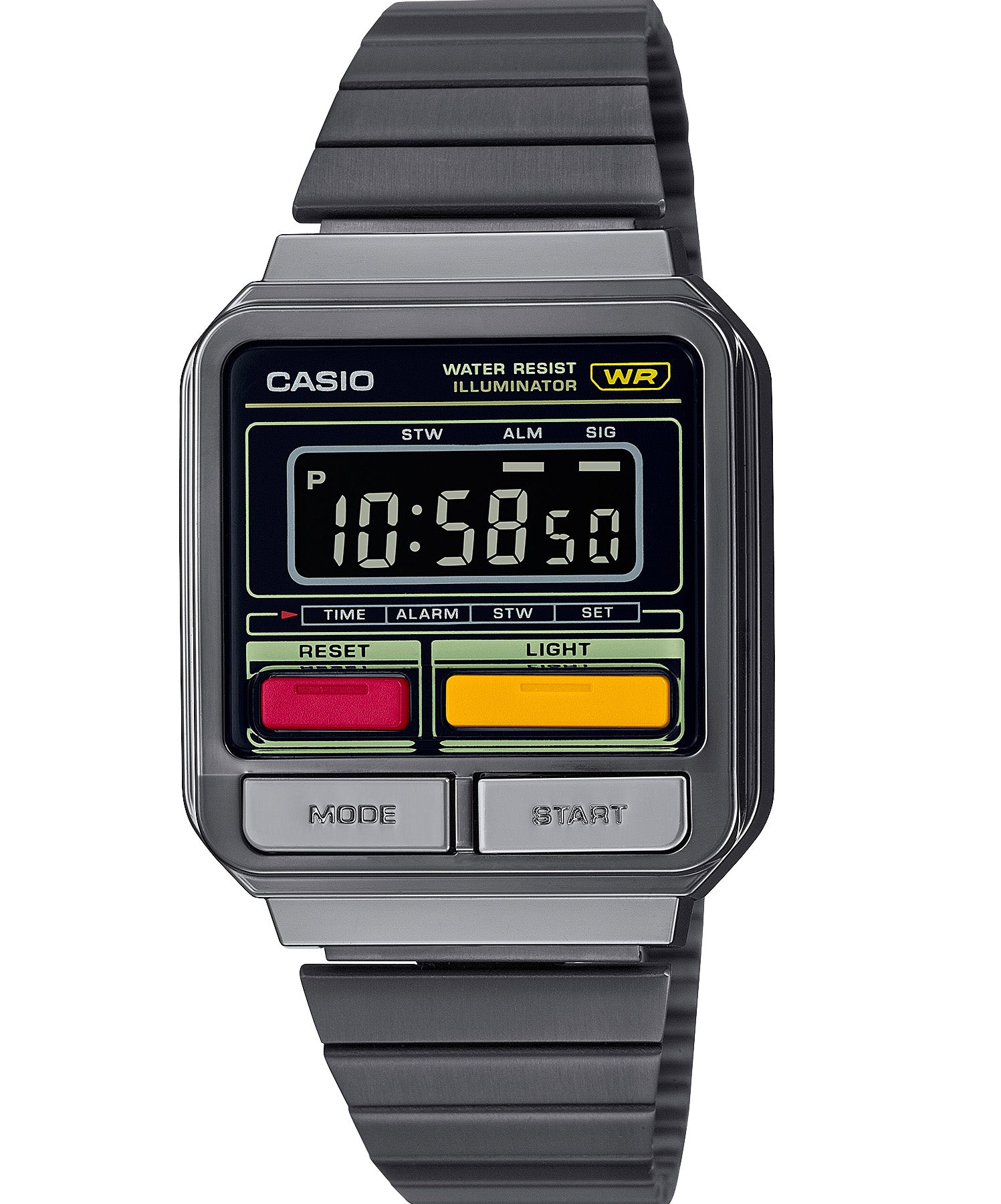 Casio Unisex Watch, Retro Digital Black Dial Grey Stainless Steel Strap, A120WEGG-1BDF
